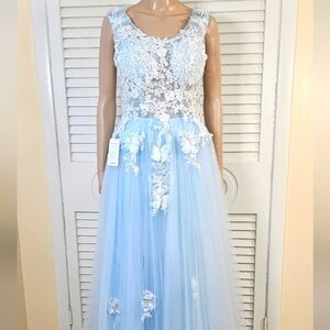 Elegant Blue Lace Evening Gown